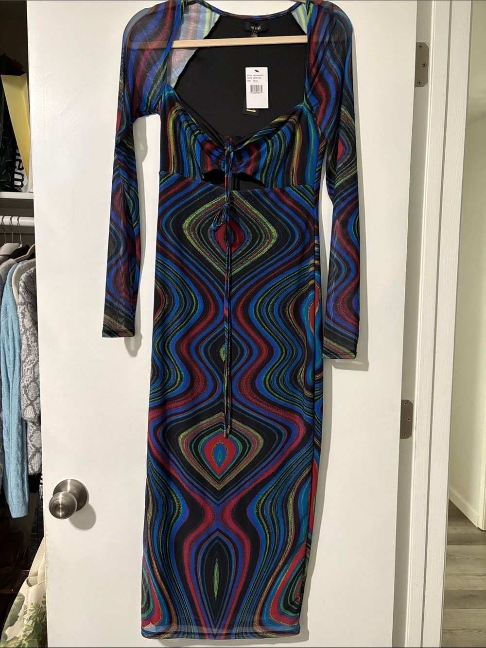 AFRM Long Sleeve Multicolor Wave-Print Midi Dress